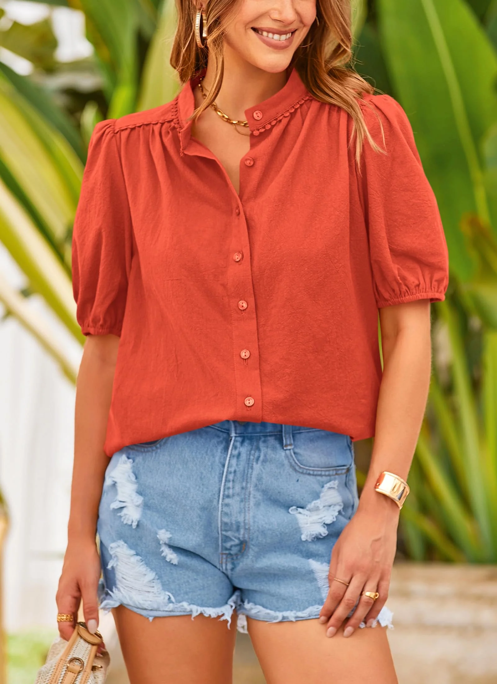 PRETTYGARDEN Women's Summer Tops Button Down Shirts Short Lantern Sleeve V Neck Cotton Cute Dressy Casual Blouses - Image 65