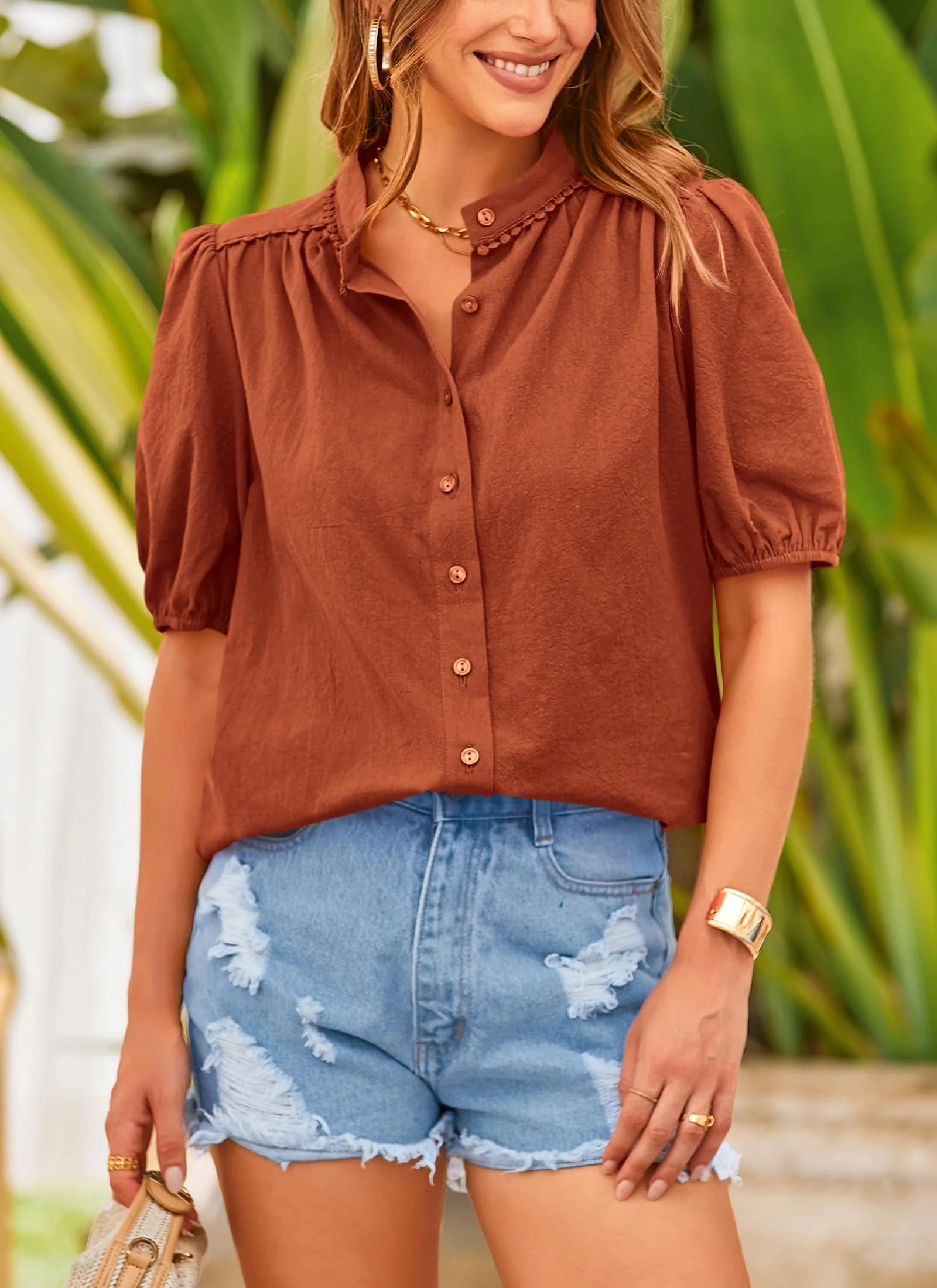 PRETTYGARDEN Women's Summer Tops Button Down Shirts Short Lantern Sleeve V Neck Cotton Cute Dressy Casual Blouses - Image 7