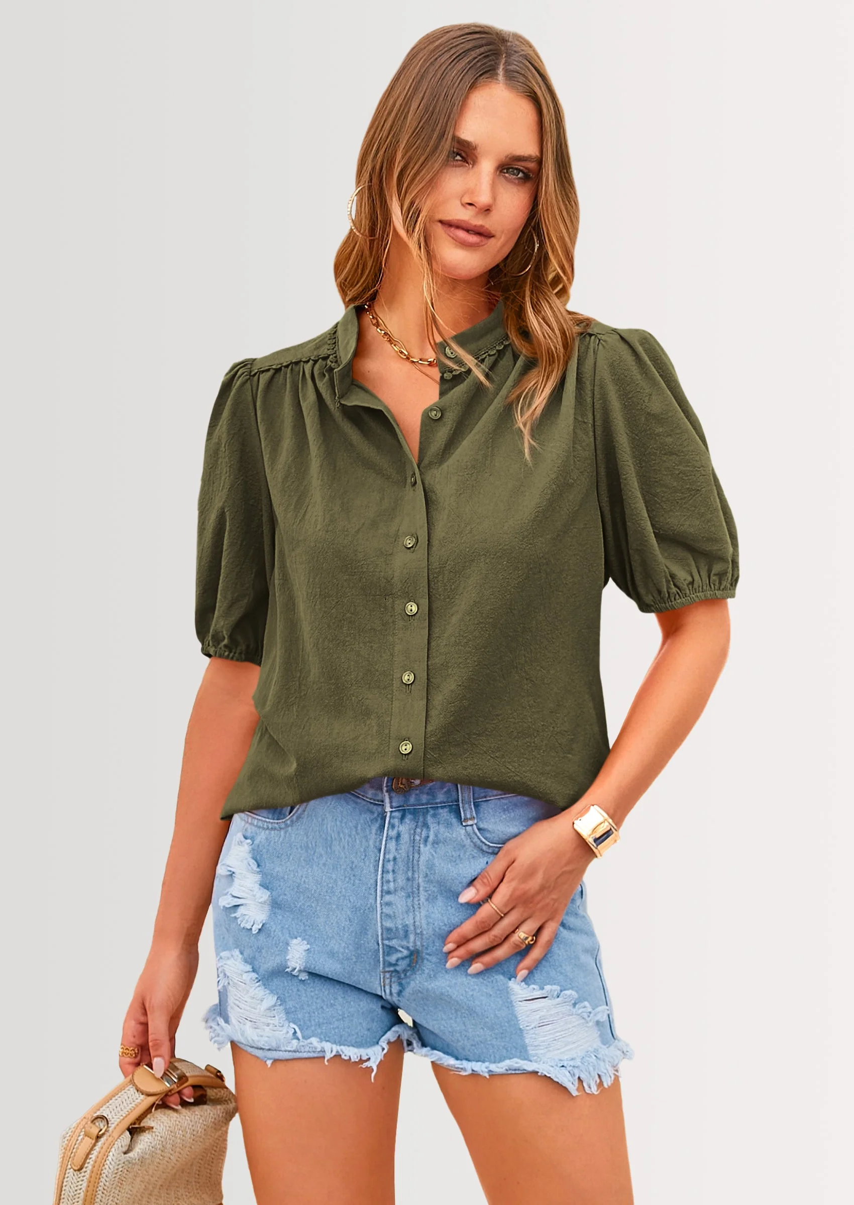 PRETTYGARDEN Women's Summer Tops Button Down Shirts Short Lantern Sleeve V Neck Cotton Cute Dressy Casual Blouses - Image 9