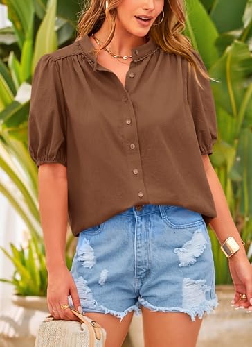 PRETTYGARDEN Women's Summer Tops Button Down Shirts Short Lantern Sleeve V Neck Cotton Cute Dressy Casual Blouses - Image 94