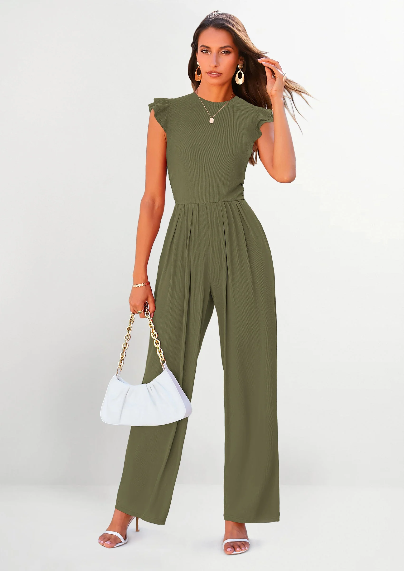 PRETTYGARDEN Casual Ruffle Cap Sleeves Romper Crew Neck Rib Knit One Piece Outfits - Image 6