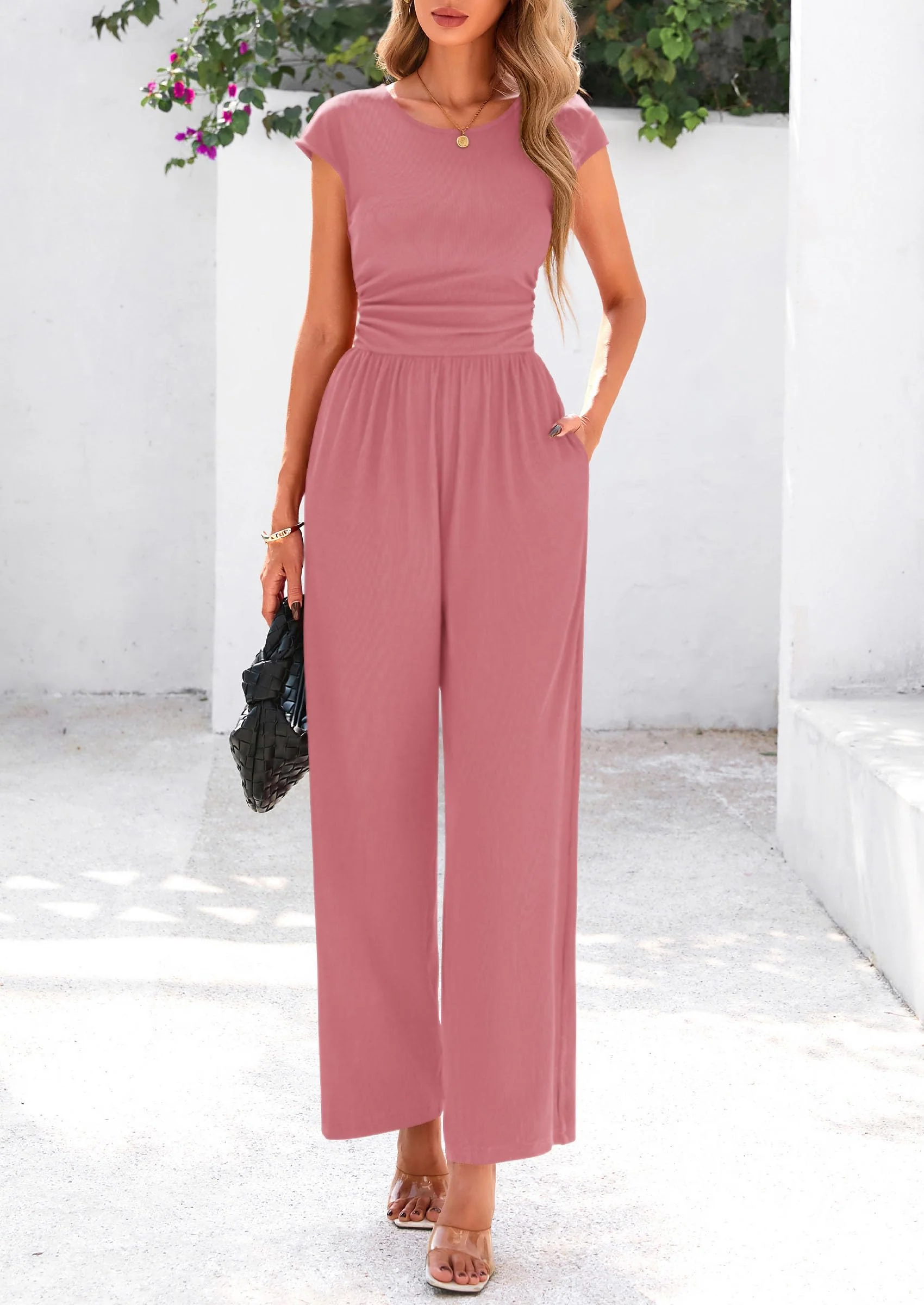 PRETTYGARDEN Summer Jumpsuits Ribbed Cap Sleeve Wide Leg Pants Women's Rompers Elegant Casual Trendy Vacation Outfits - Image 41