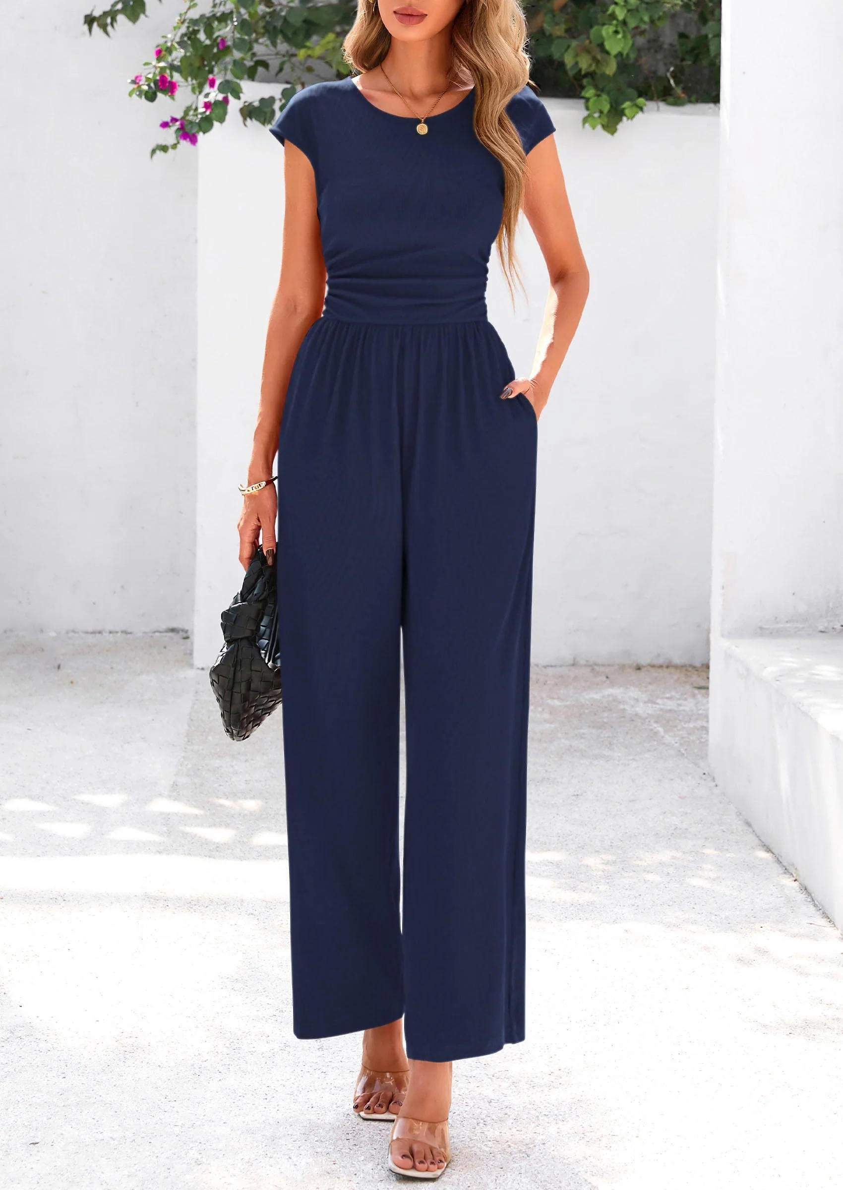 PRETTYGARDEN Summer Jumpsuits Ribbed Cap Sleeve Wide Leg Pants Women's Rompers Elegant Casual Trendy Vacation Outfits - Image 57