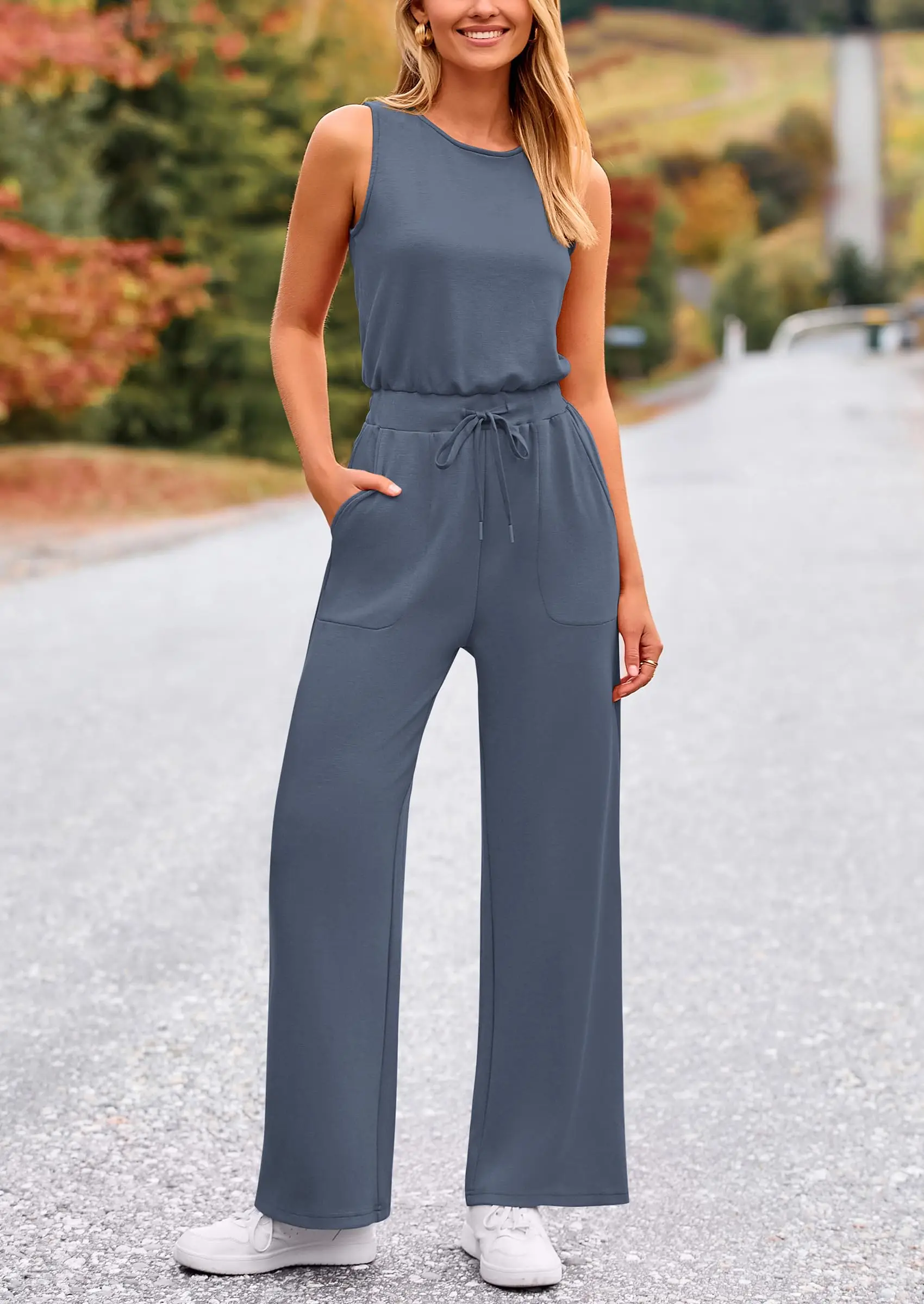 PRETTYGARDEN Womens Jumpsuits Summer Casual One Piece Outfits Sleeveless Wide Leg Long Pants Rompers - Image 66