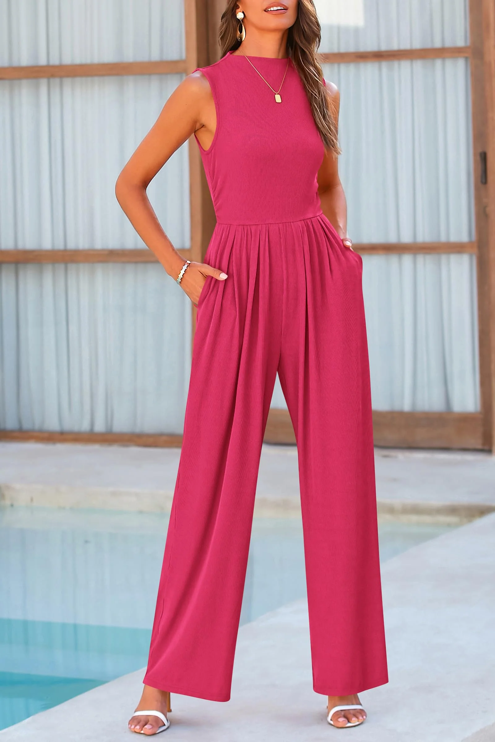 PRETTYGARDEN Womens Summer Jumpsuits Dressy Casual One Piece Outfits Sleeveless Mock Neck Wide Leg Pants Rompers with Pockets - Image 116