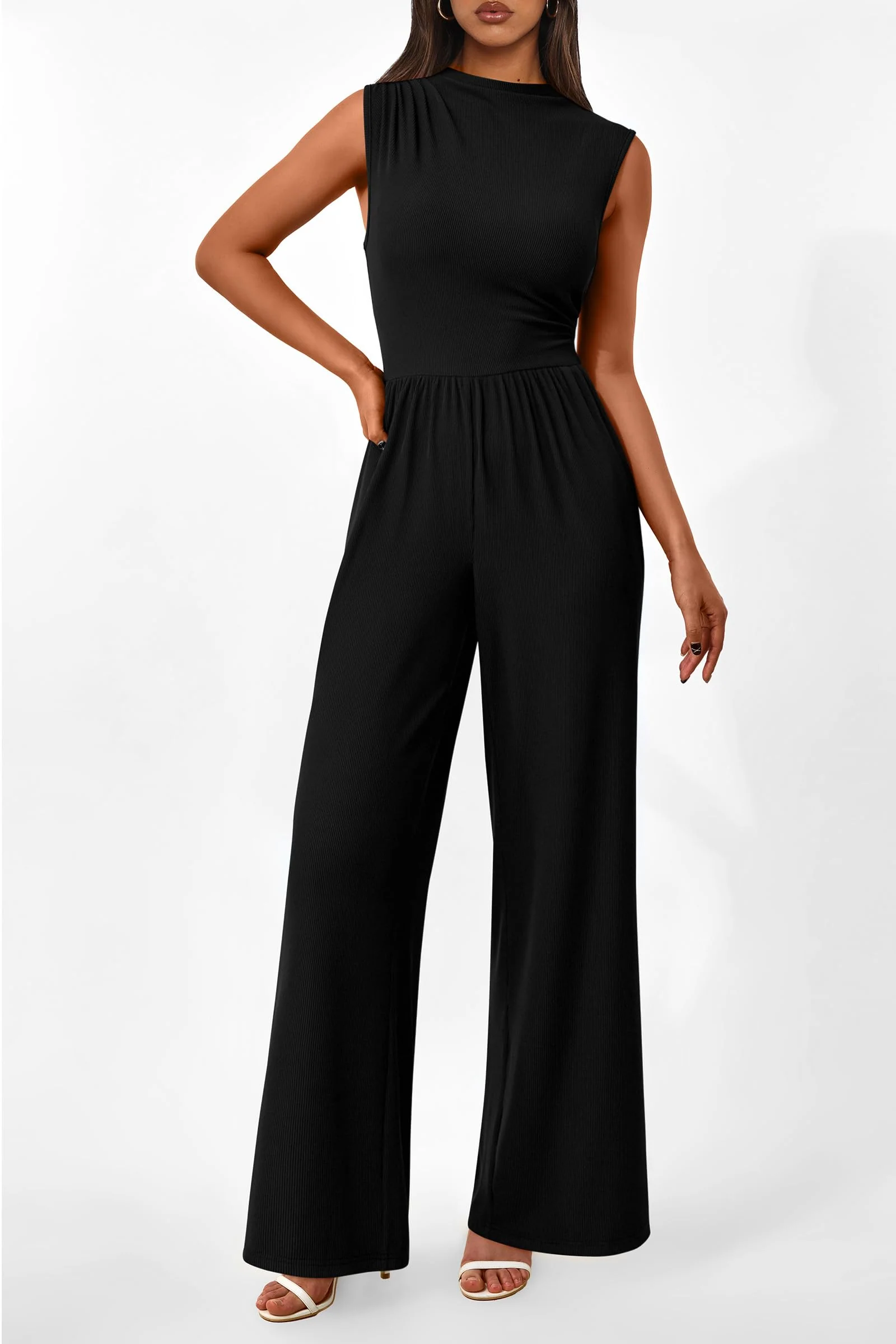 PRETTYGARDEN Womens Summer Jumpsuits Dressy Casual One Piece Outfits Sleeveless Mock Neck Wide Leg Pants Rompers with Pockets - Image 124