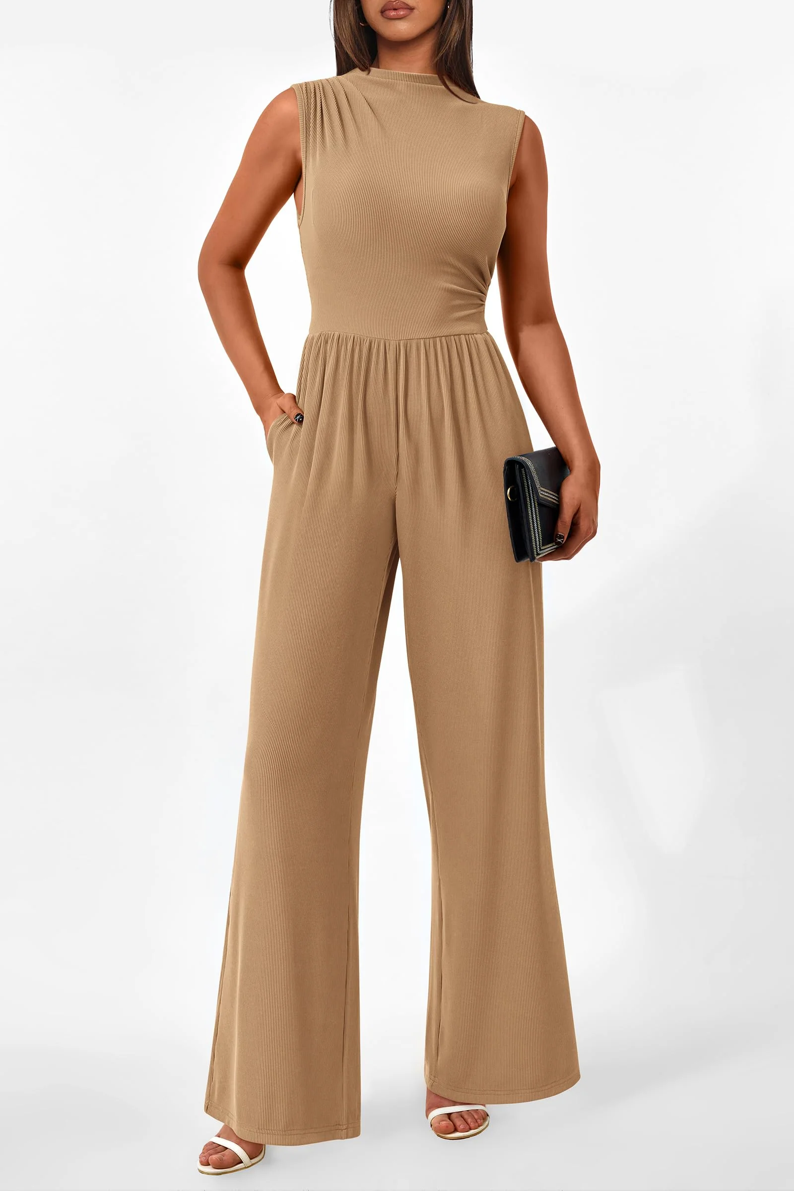 PRETTYGARDEN Womens Summer Jumpsuits Dressy Casual One Piece Outfits Sleeveless Mock Neck Wide Leg Pants Rompers with Pockets - Image 137