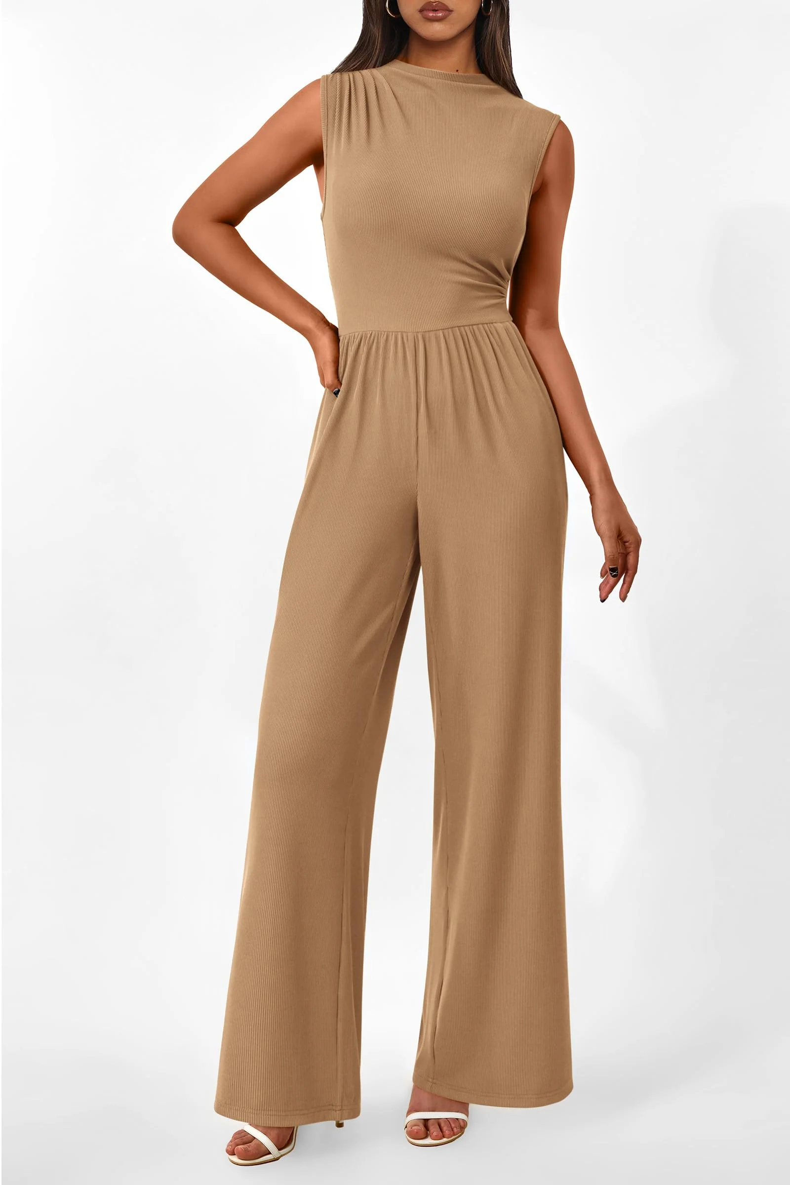 PRETTYGARDEN Womens Summer Jumpsuits Dressy Casual One Piece Outfits Sleeveless Mock Neck Wide Leg Pants Rompers with Pockets - Image 138