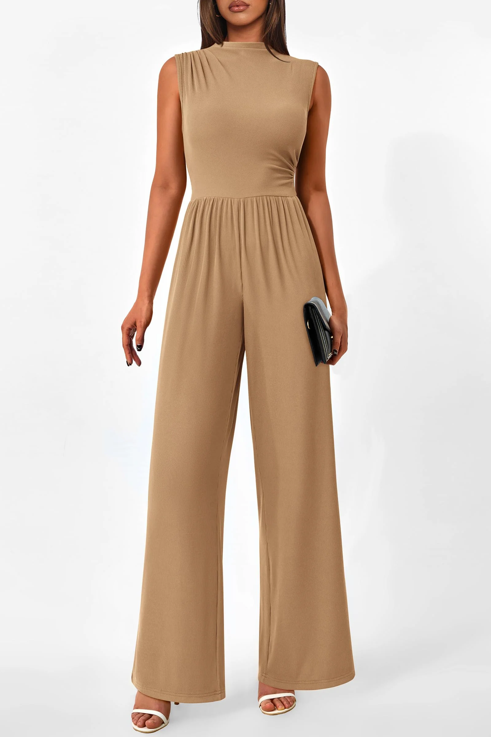 PRETTYGARDEN Womens Summer Jumpsuits Dressy Casual One Piece Outfits Sleeveless Mock Neck Wide Leg Pants Rompers with Pockets - Image 141