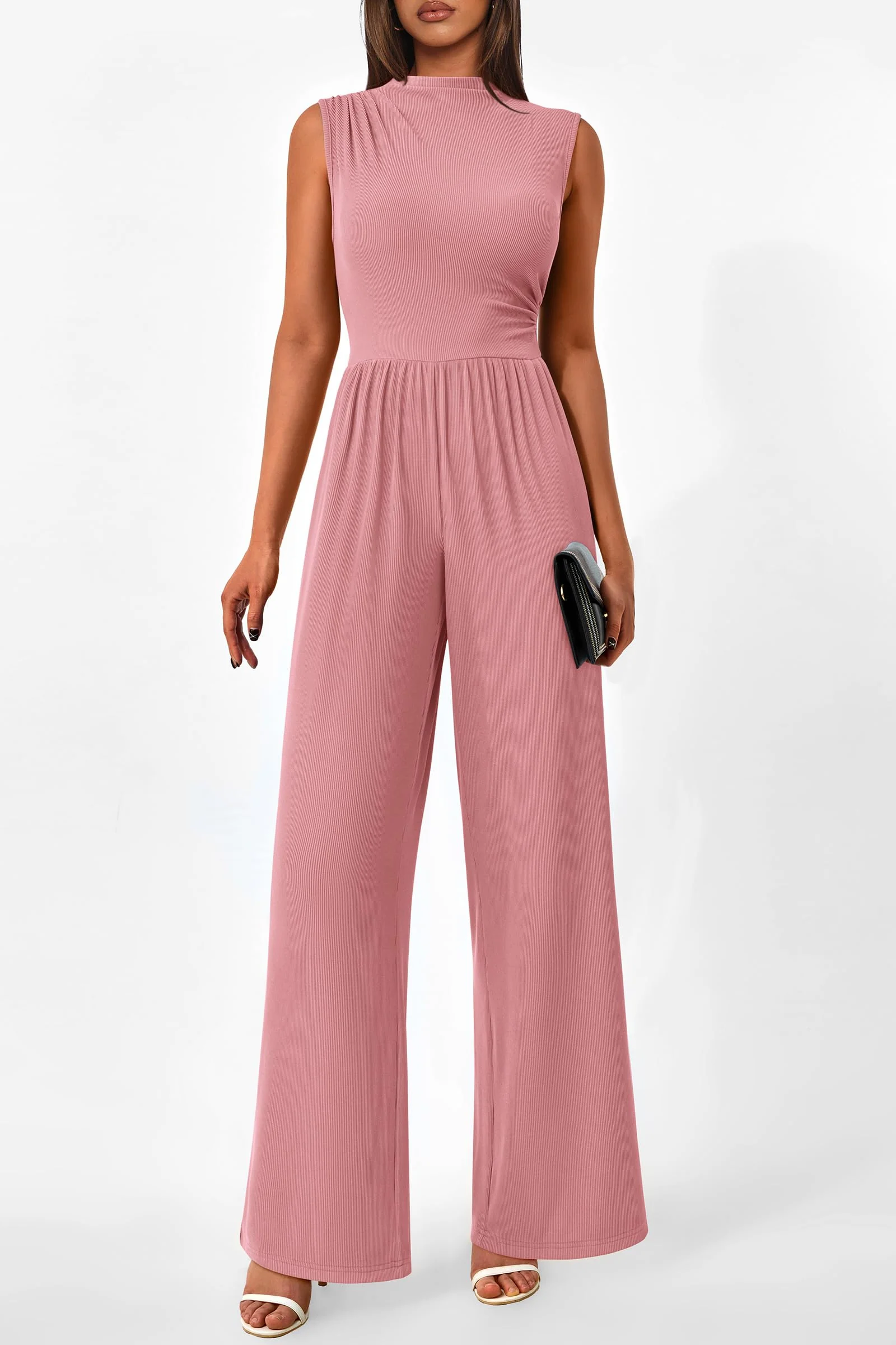 PRETTYGARDEN Womens Summer Jumpsuits Dressy Casual One Piece Outfits Sleeveless Mock Neck Wide Leg Pants Rompers with Pockets - Image 148