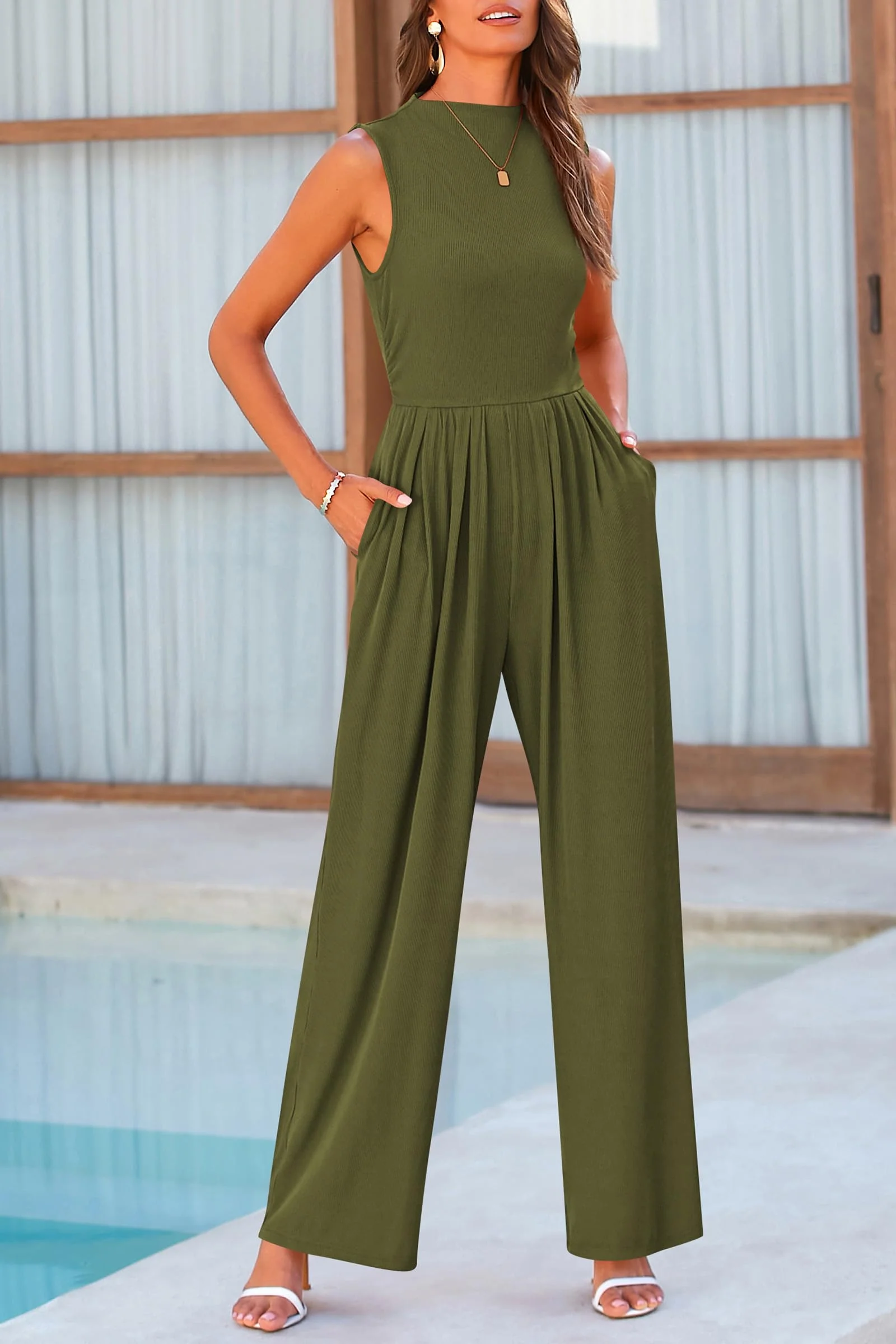 PRETTYGARDEN Womens Summer Jumpsuits Dressy Casual One Piece Outfits Sleeveless Mock Neck Wide Leg Pants Rompers with Pockets - Image 23