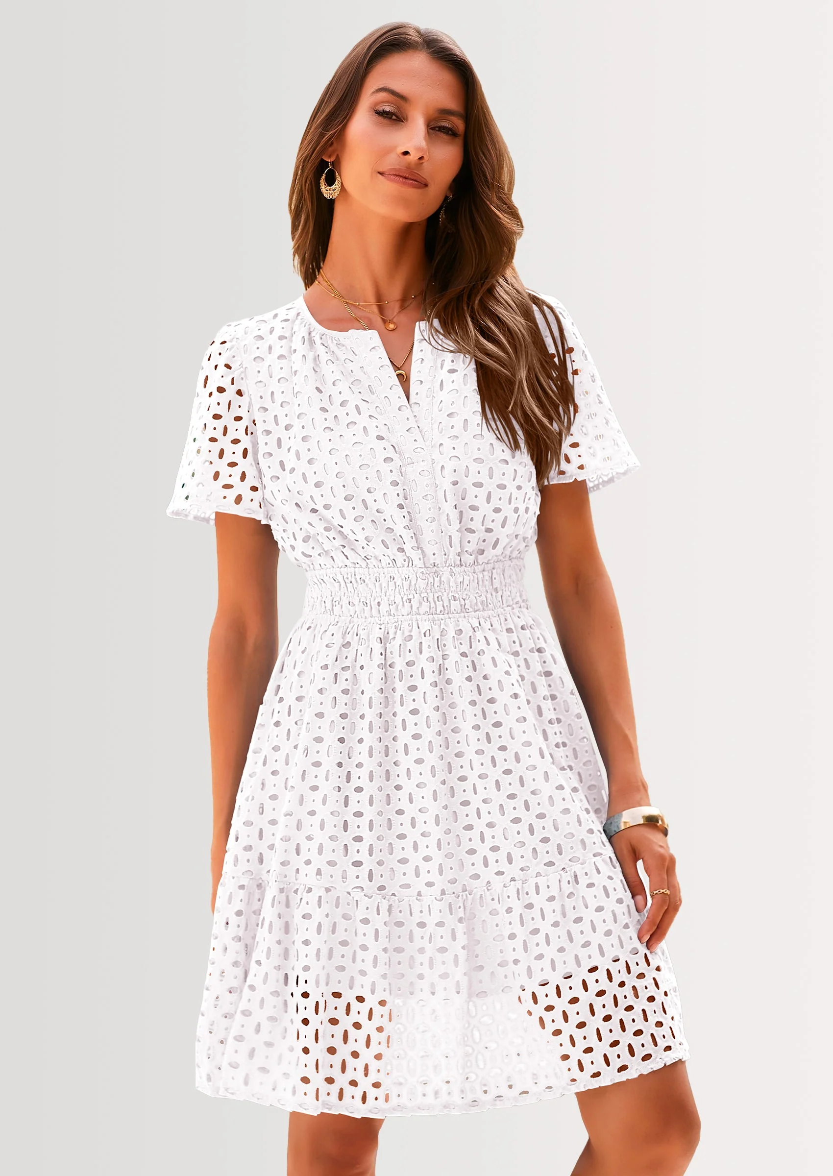 PRETTYGARDEN Women Summer Short Dress V Neck Short Sleeve A Line Hollow Out Lace Ruffle Cute Casual Beach Party Dresses - Image 24
