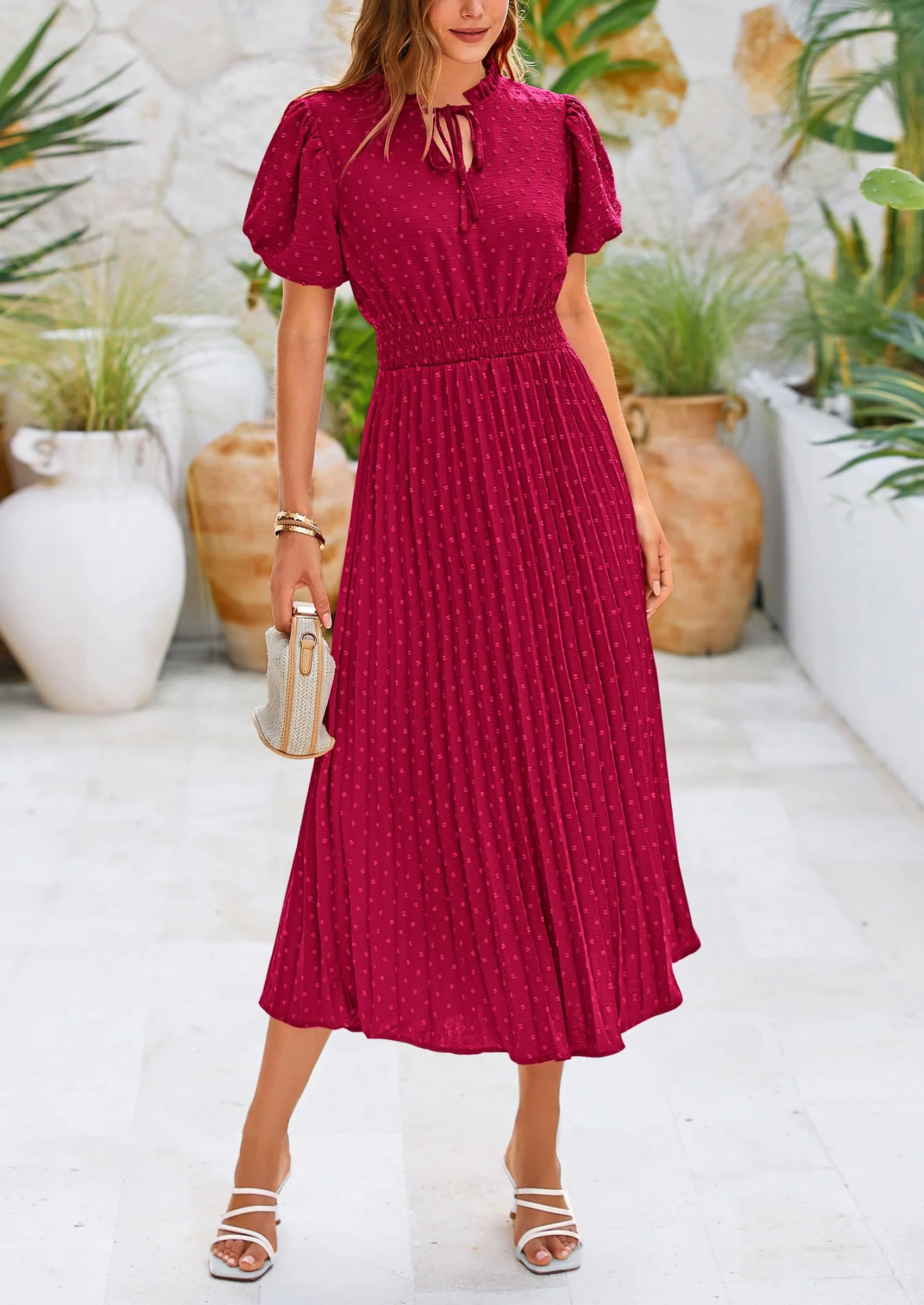 PRETTYGARDEN Womens Midi Dresses Puff Short Sleeve V Neck Swiss Dot Pleated A Line Flowy Long Wedding Guest Dress - Image 46