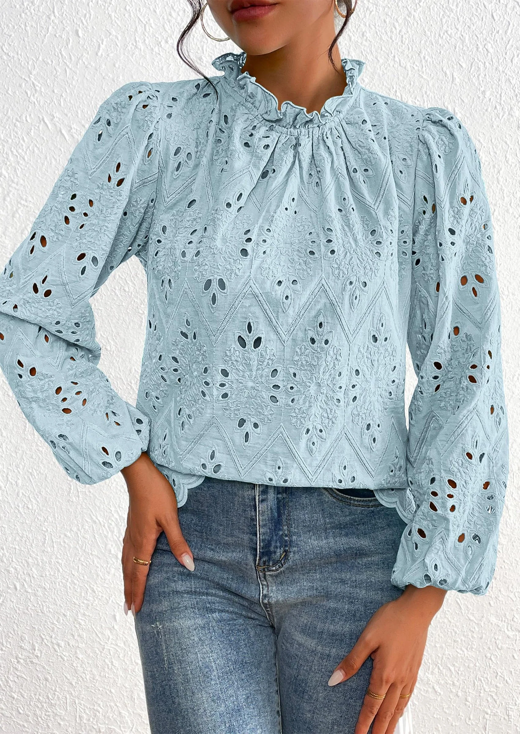 PRETTYGARDEN Womens Tops Dressy Casual Spring Long Sleeve Shirts Embroidered Eyelet Blouses Going Out Outfits - Image 17