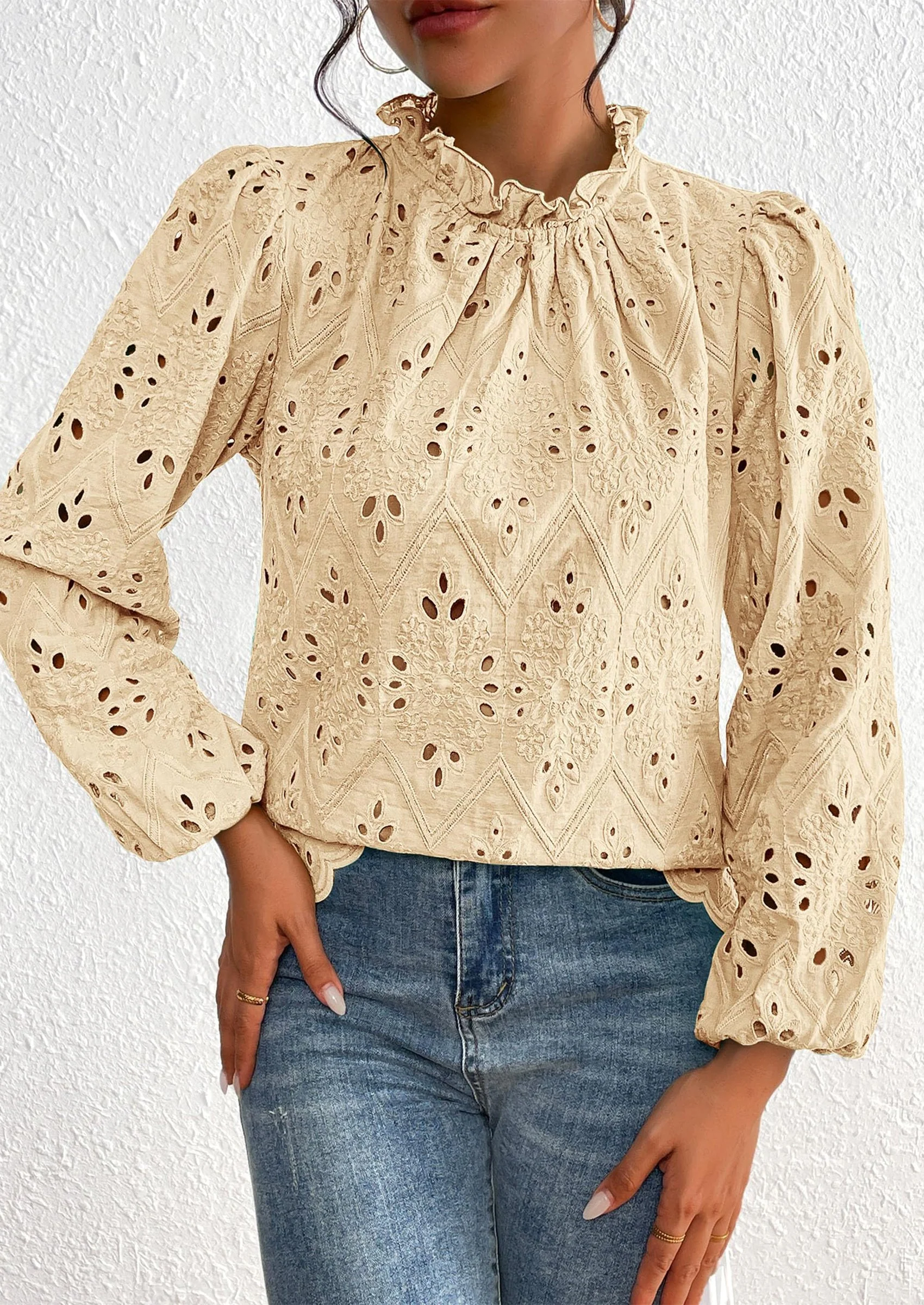 PRETTYGARDEN Womens Tops Dressy Casual Spring Long Sleeve Shirts Embroidered Eyelet Blouses Going Out Outfits - Image 4