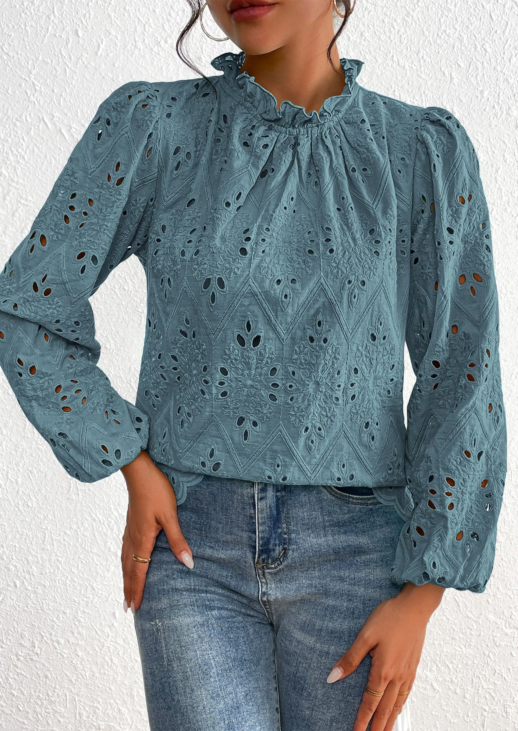 PRETTYGARDEN Womens Tops Dressy Casual Spring Long Sleeve Shirts Embroidered Eyelet Blouses Going Out Outfits - Image 44
