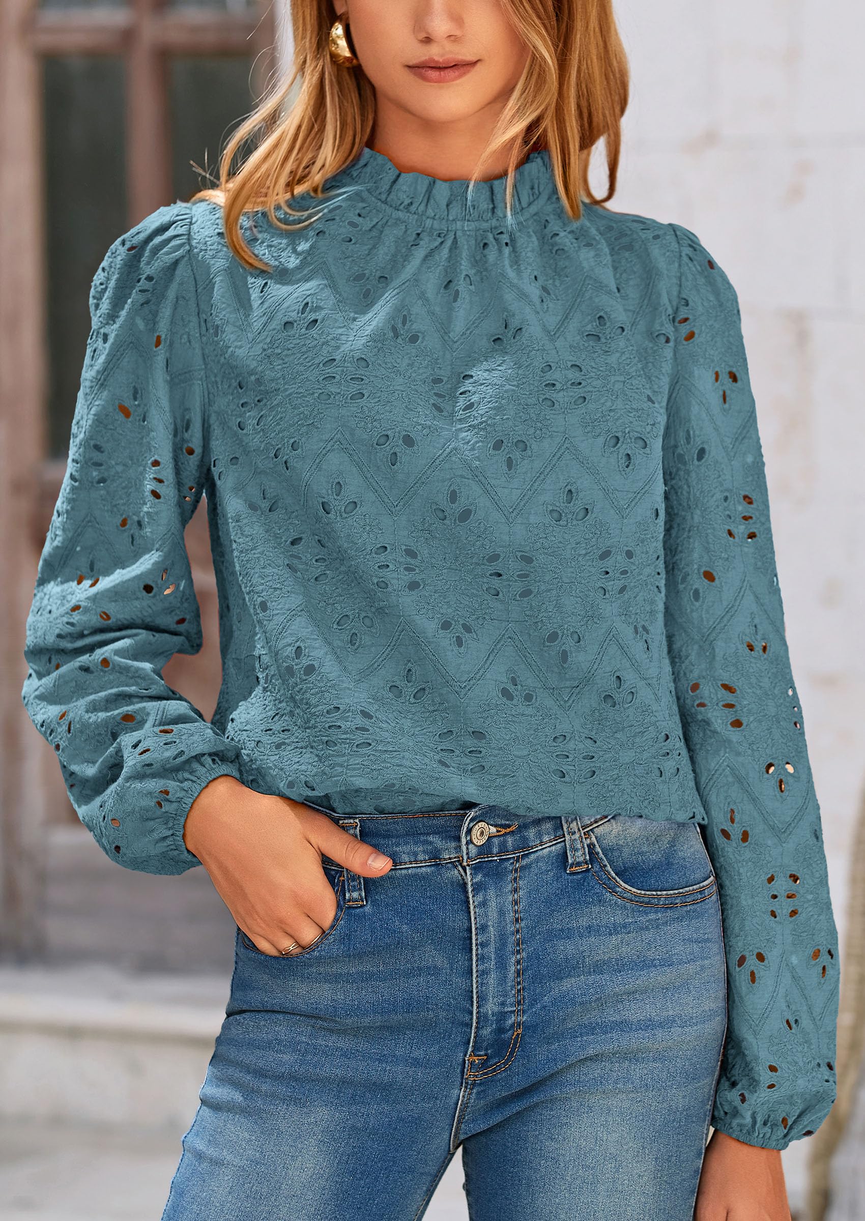 PRETTYGARDEN Womens Tops Dressy Casual Spring Long Sleeve Shirts Embroidered Eyelet Blouses Going Out Outfits - Image 45