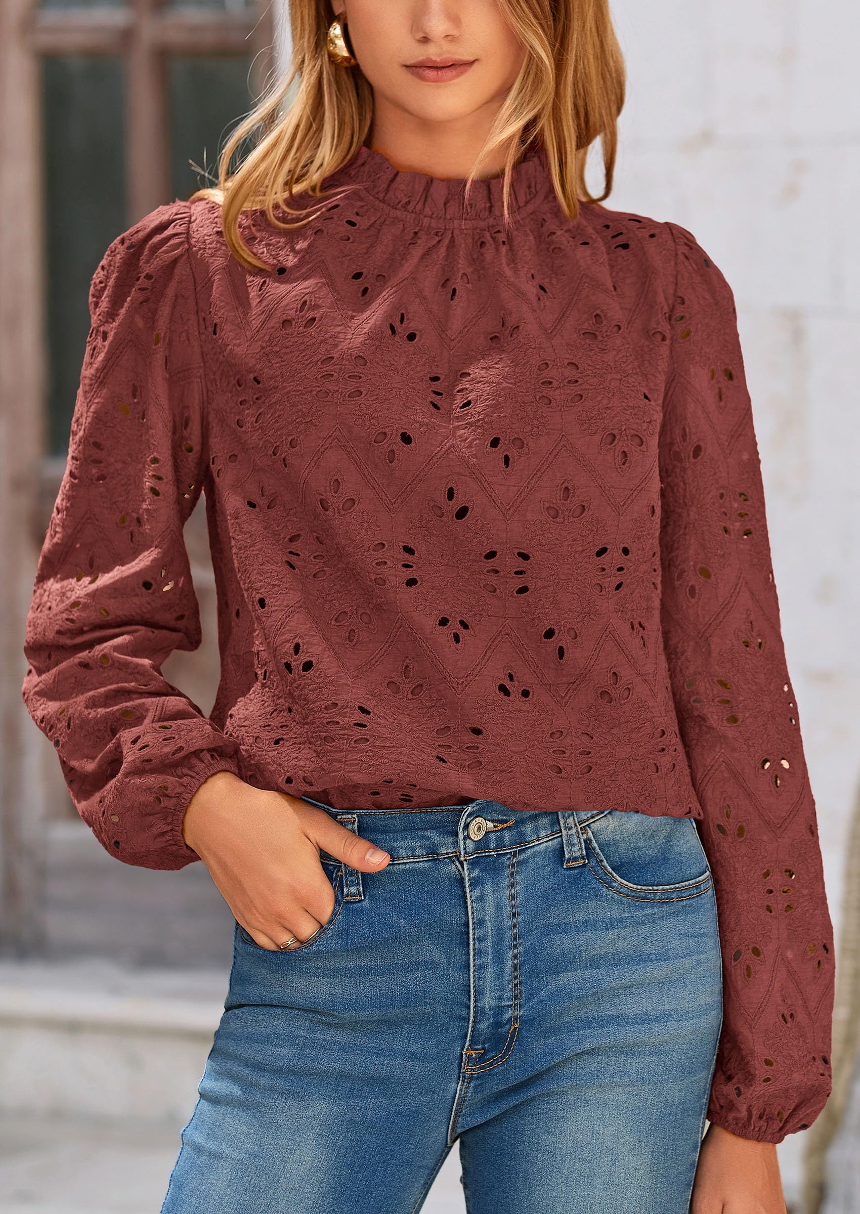 PRETTYGARDEN Womens Tops Dressy Casual Spring Long Sleeve Shirts Embroidered Eyelet Blouses Going Out Outfits - Image 56