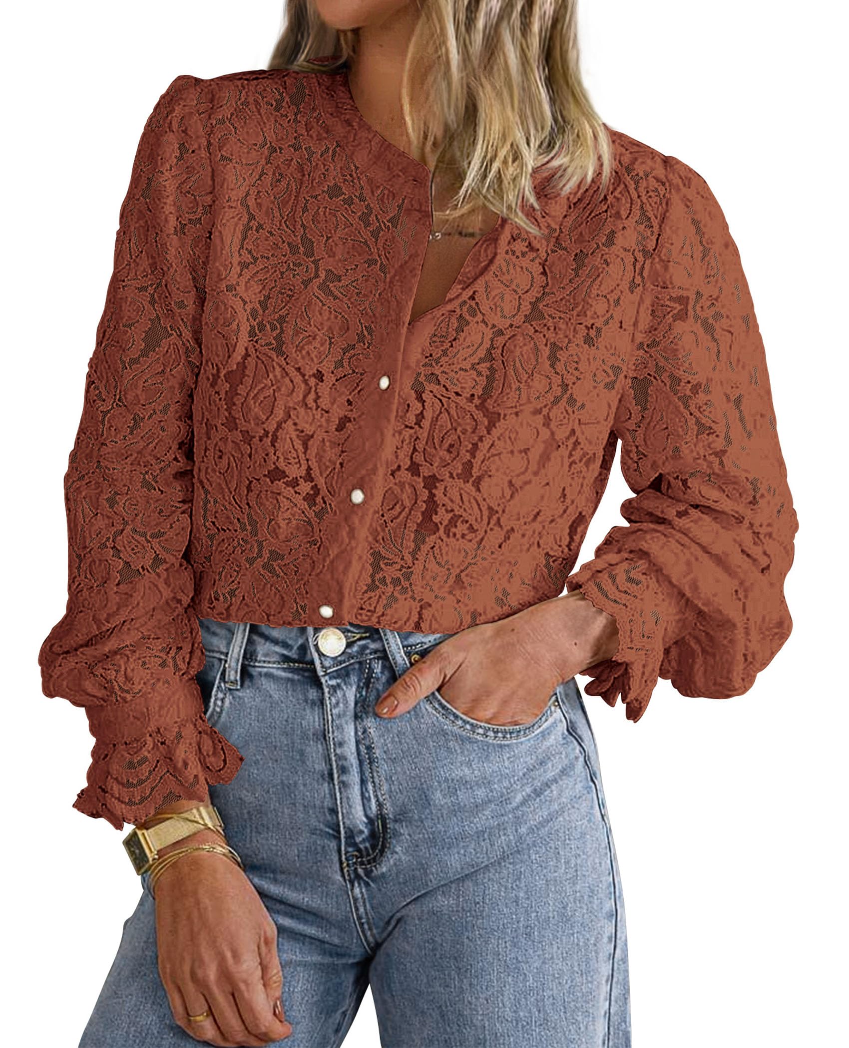 PRETTYGARDEN Women's Dressy Casual Lace Blouse Long Sleeve Button Up Shirts Tops Spring Fall Fashion Clothes - Image 129