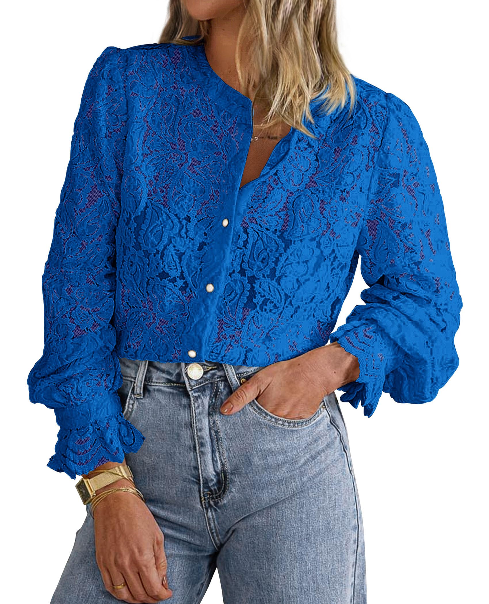 PRETTYGARDEN Women's Dressy Casual Lace Blouse Long Sleeve Button Up Shirts Tops Spring Fall Fashion Clothes - Image 139