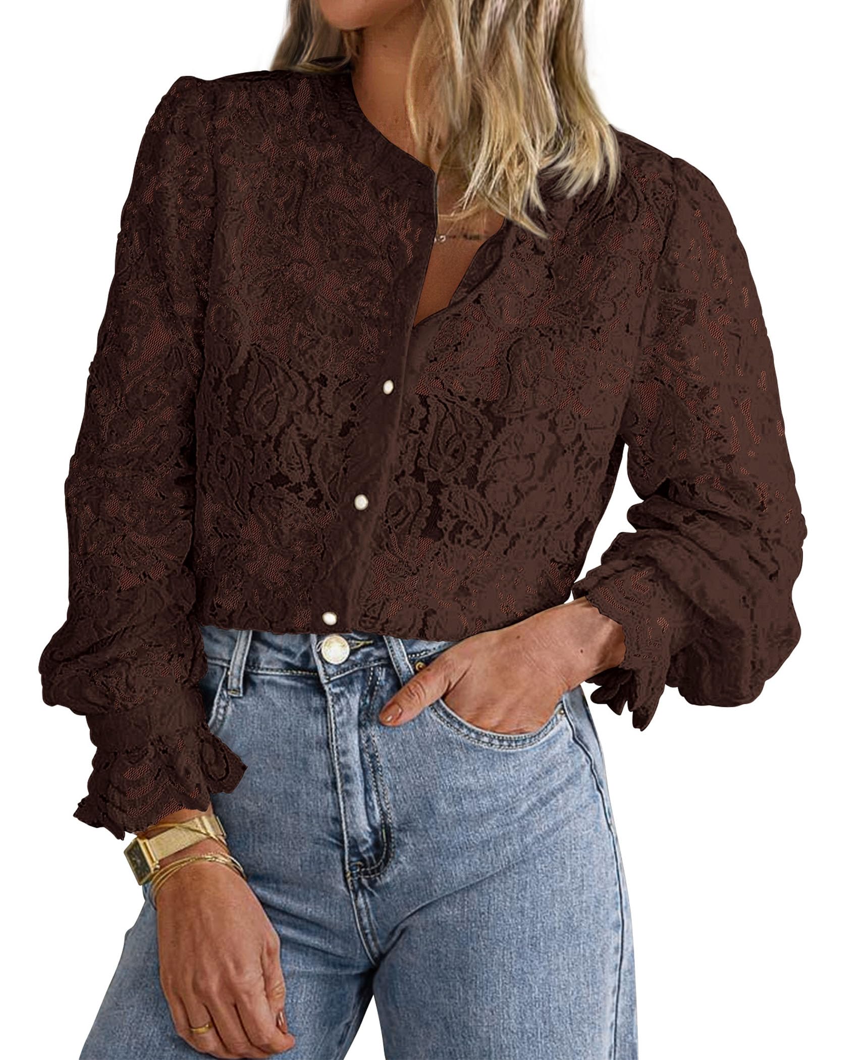 PRETTYGARDEN Women's Dressy Casual Lace Blouse Long Sleeve Button Up Shirts Tops Spring Fall Fashion Clothes - Image 140