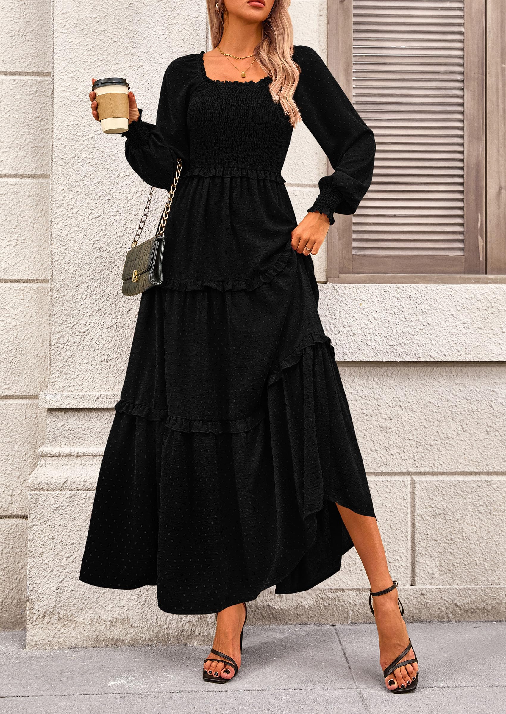 PRETTYGARDEN Women Fall Long Sleeve Smocked Maxi Dress Casual Square Neck Swiss Dot Tiered Ruffle Flowy Spring Pocket Dresses - Image 28