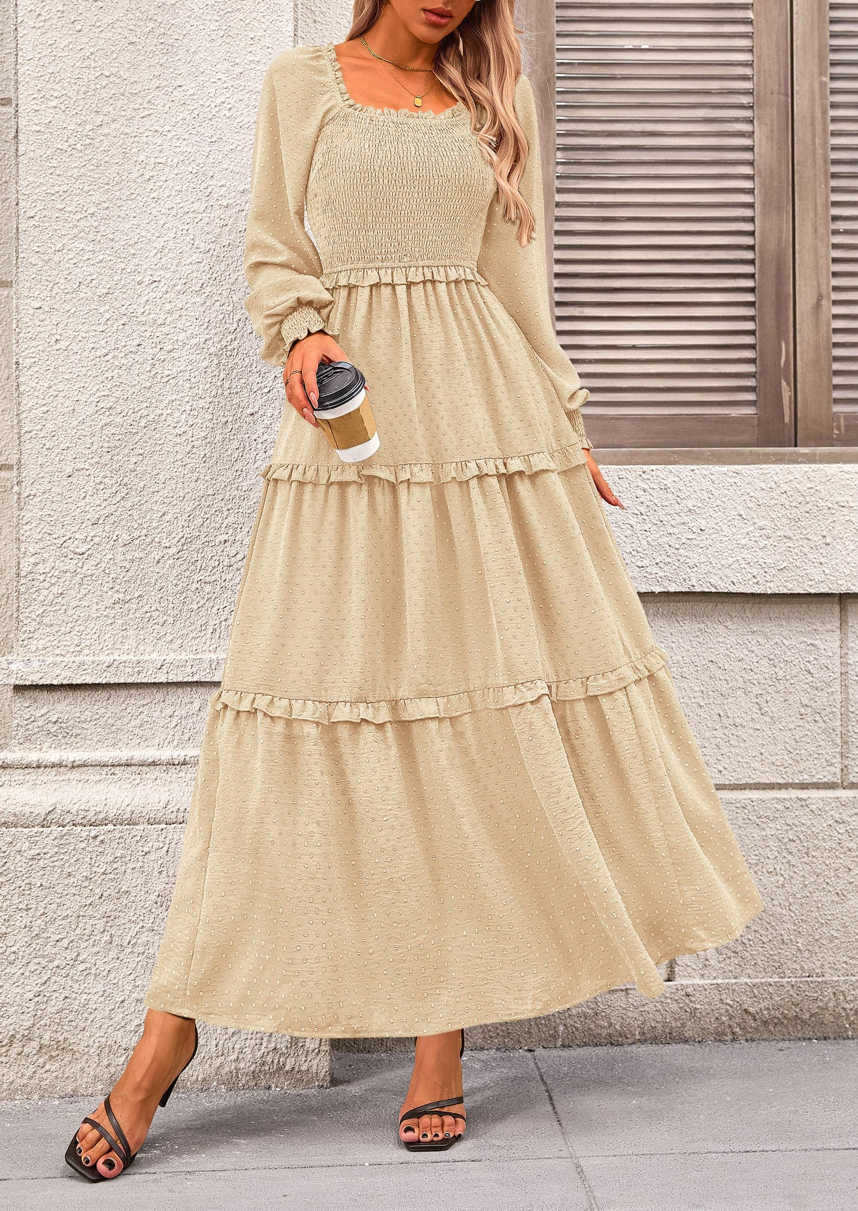 PRETTYGARDEN Women Fall Long Sleeve Smocked Maxi Dress Casual Square Neck Swiss Dot Tiered Ruffle Flowy Spring Pocket Dresses - Image 6
