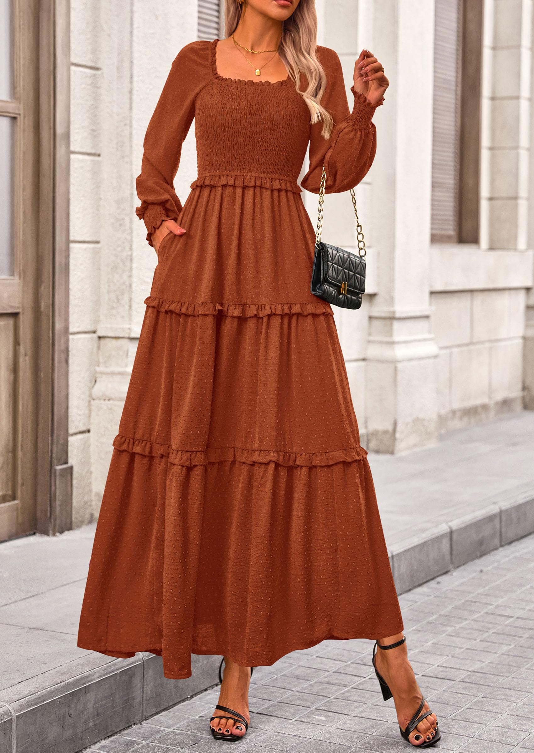 PRETTYGARDEN Women Fall Long Sleeve Smocked Maxi Dress Casual Square Neck Swiss Dot Tiered Ruffle Flowy Spring Pocket Dresses - Image 65