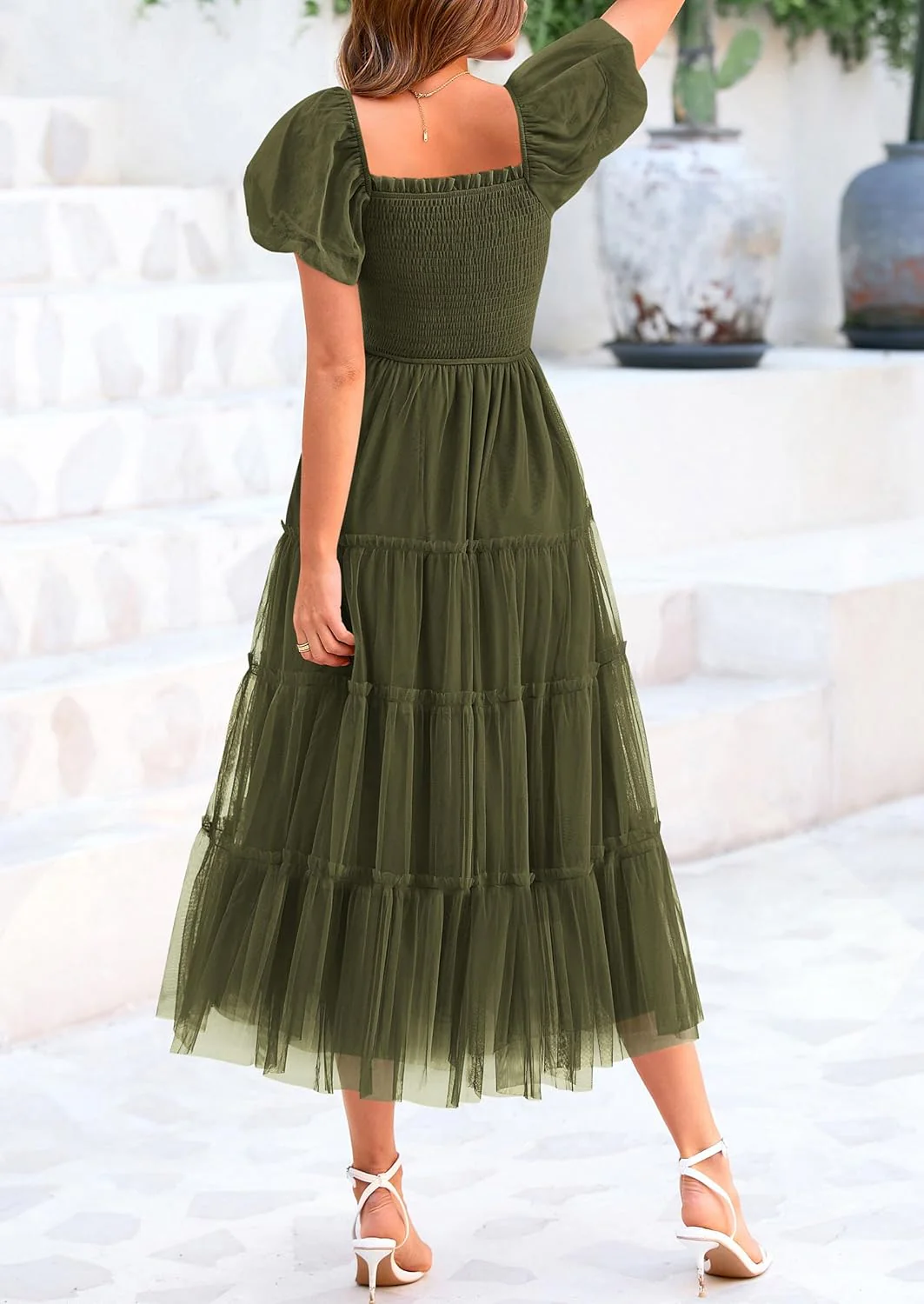 PRETTYGARDEN Women's Smocked Tulle Midi Dress Square Neck Puffy Short Sleeve Ruffle Wedding Guest Party Dresses - Image 10