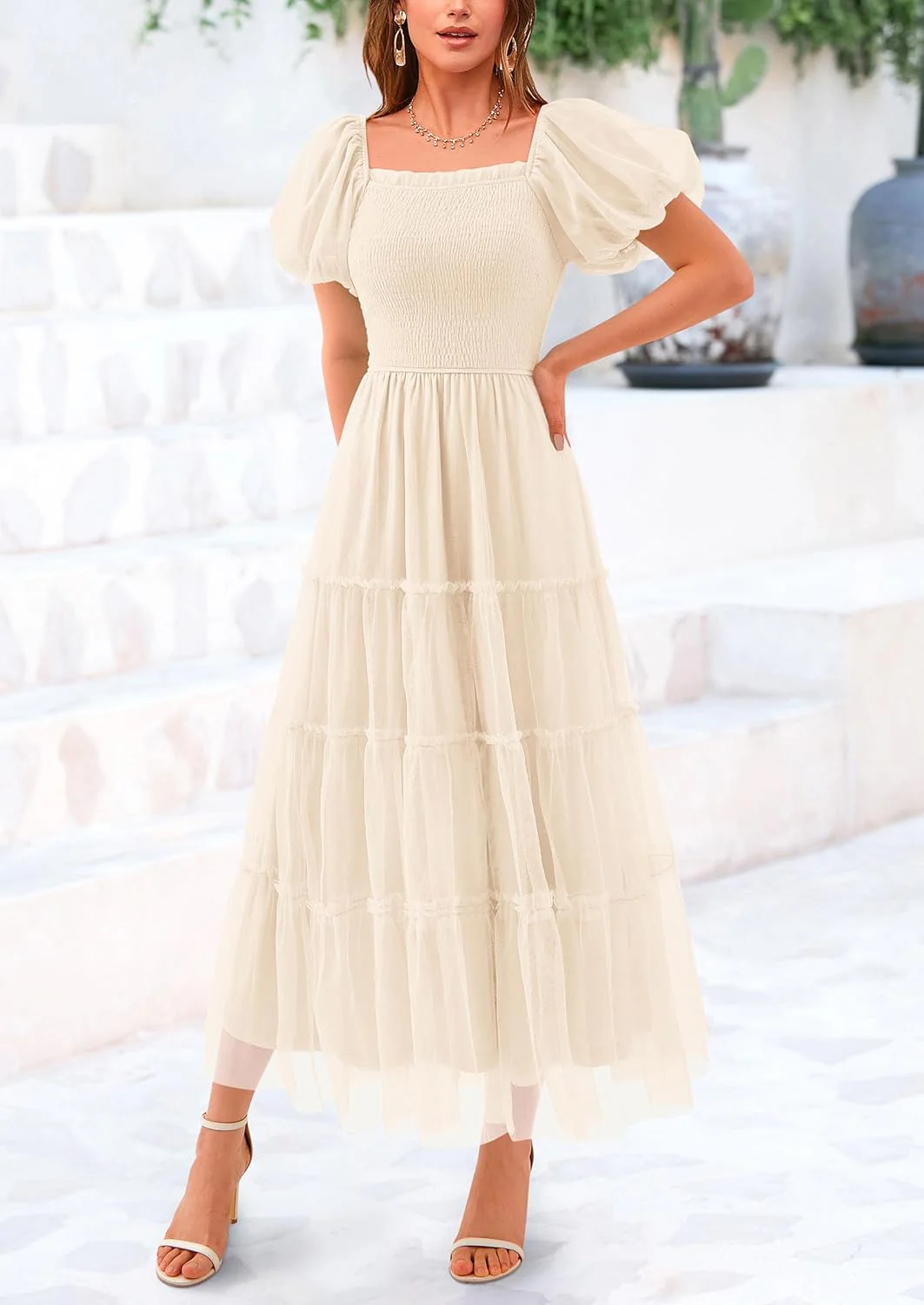 PRETTYGARDEN Women's Smocked Tulle Midi Dress Square Neck Puffy Short Sleeve Ruffle Wedding Guest Party Dresses - Image 19