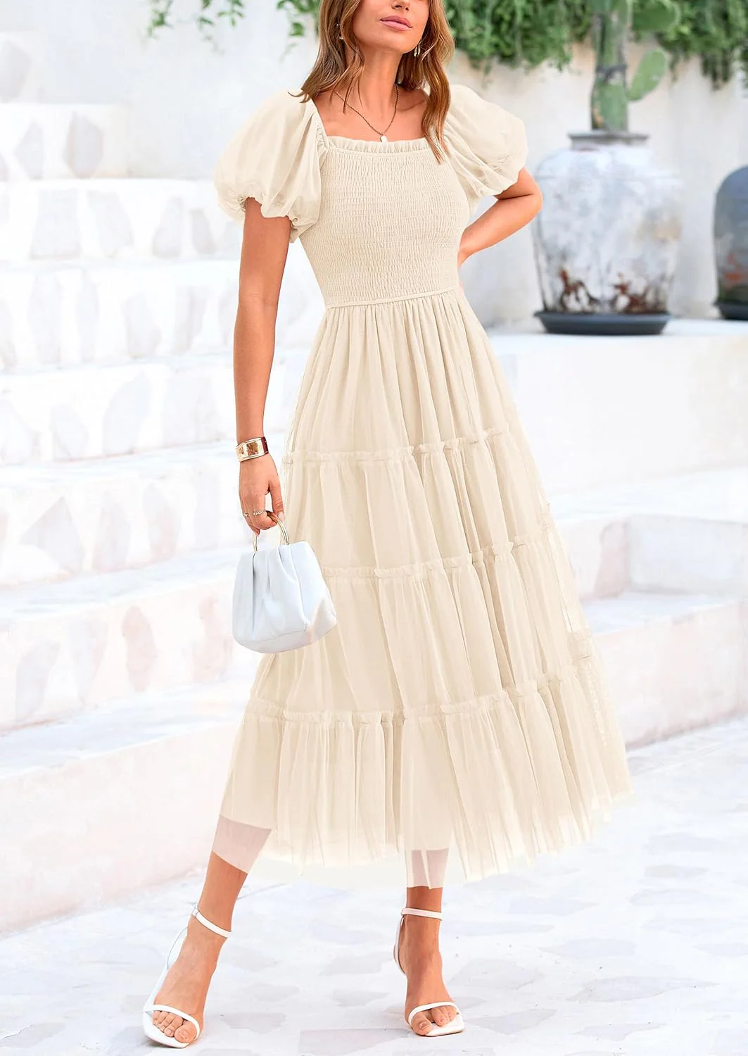 PRETTYGARDEN Women's Smocked Tulle Midi Dress Square Neck Puffy Short Sleeve Ruffle Wedding Guest Party Dresses - Image 23