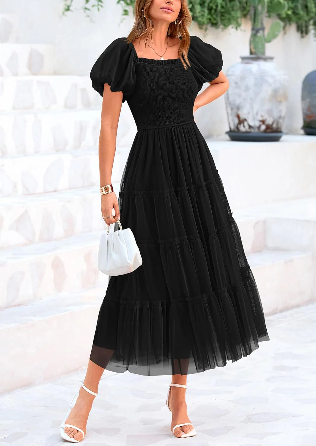 PRETTYGARDEN Women's Smocked Tulle Midi Dress Square Neck Puffy Short Sleeve Ruffle Wedding Guest Party Dresses - Image 27