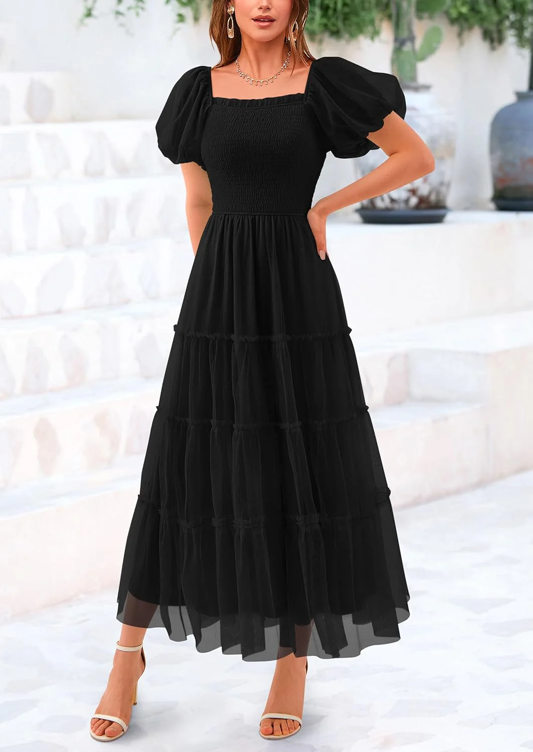 PRETTYGARDEN Women's Smocked Tulle Midi Dress Square Neck Puffy Short Sleeve Ruffle Wedding Guest Party Dresses - Image 28