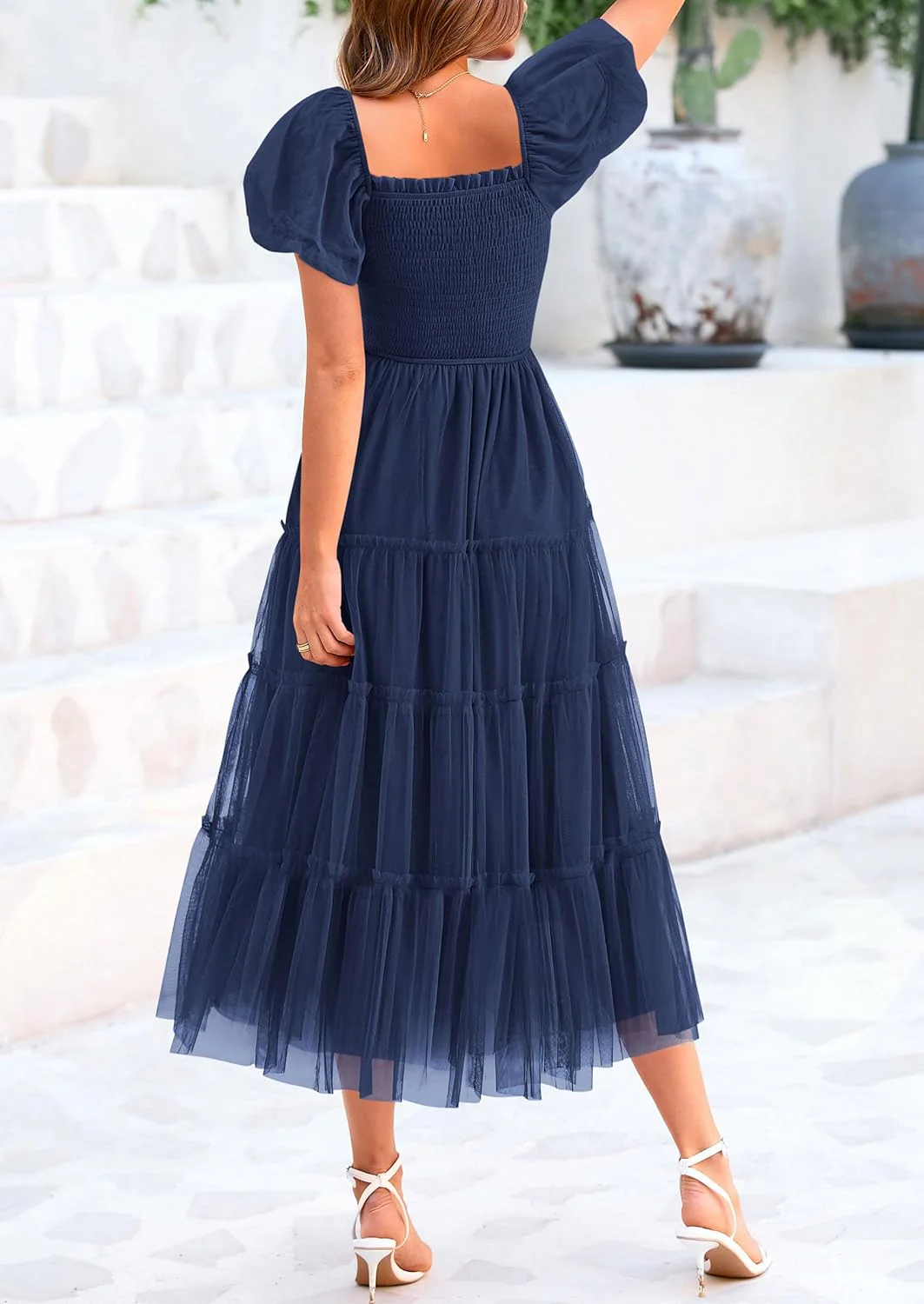 PRETTYGARDEN Women's Smocked Tulle Midi Dress Square Neck Puffy Short Sleeve Ruffle Wedding Guest Party Dresses - Image 47