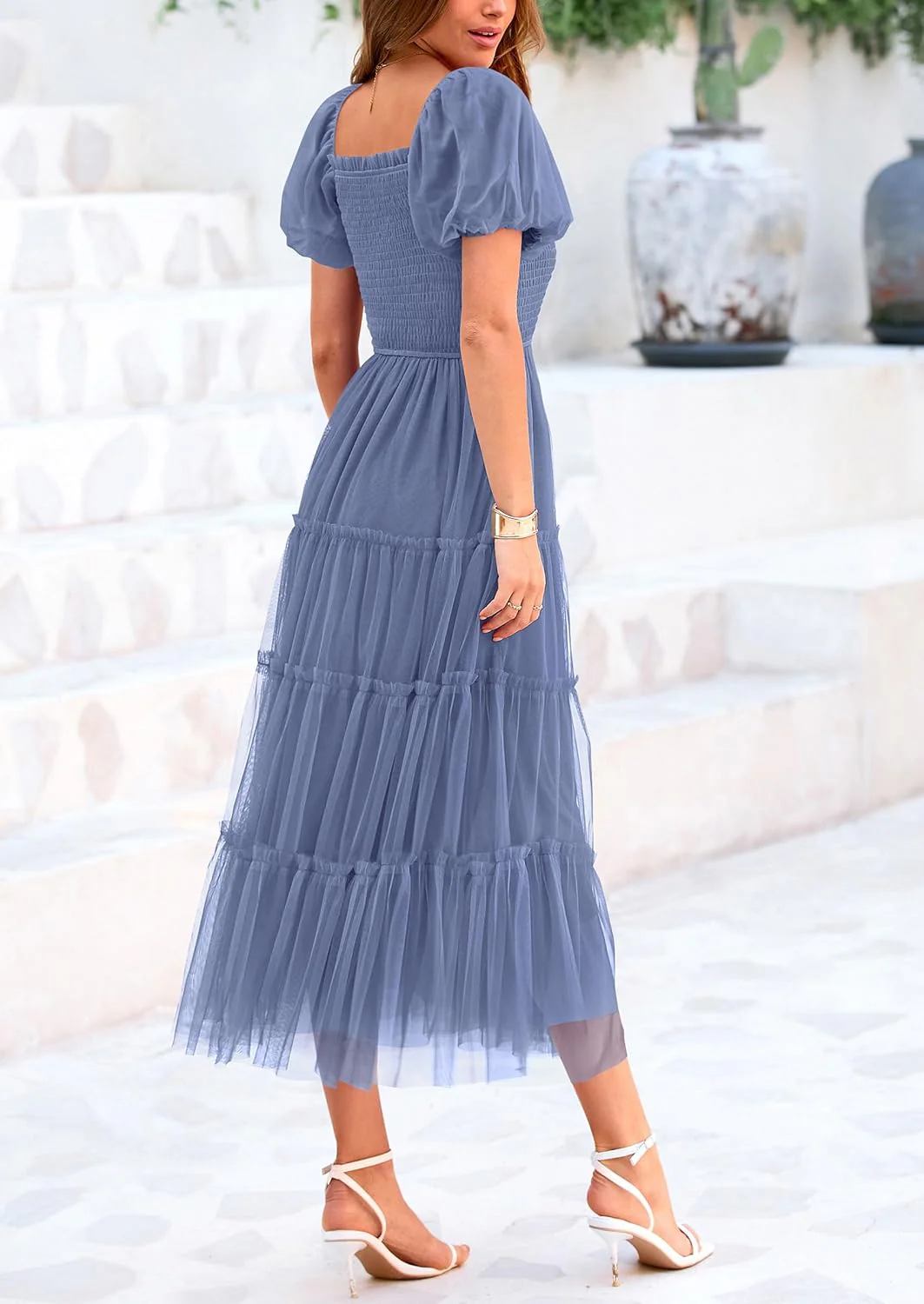 PRETTYGARDEN Women's Smocked Tulle Midi Dress Square Neck Puffy Short Sleeve Ruffle Wedding Guest Party Dresses - Image 5