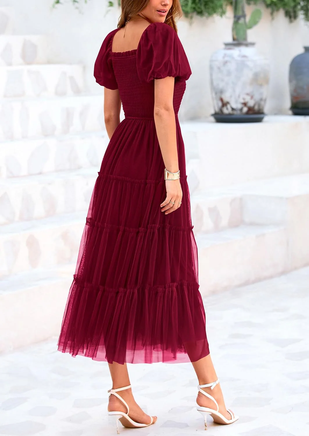 PRETTYGARDEN Women's Smocked Tulle Midi Dress Square Neck Puffy Short Sleeve Ruffle Wedding Guest Party Dresses - Image 57