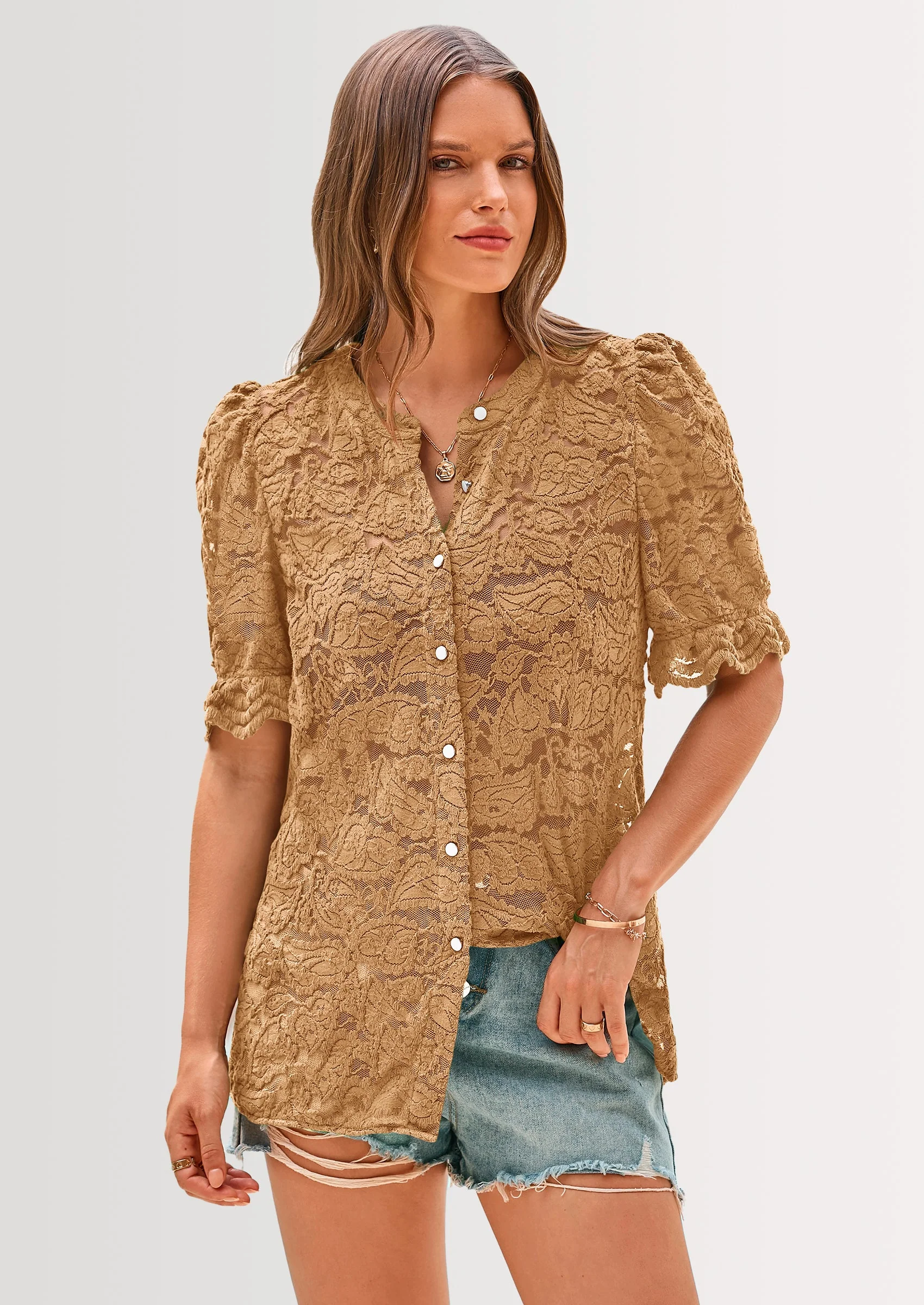 PRETTYGARDEN Womens Spring Lace Tops Short Puff Sleeve Casual Dressy Blouses Eyelet Crew Neck Button Down Shirts - Image 27