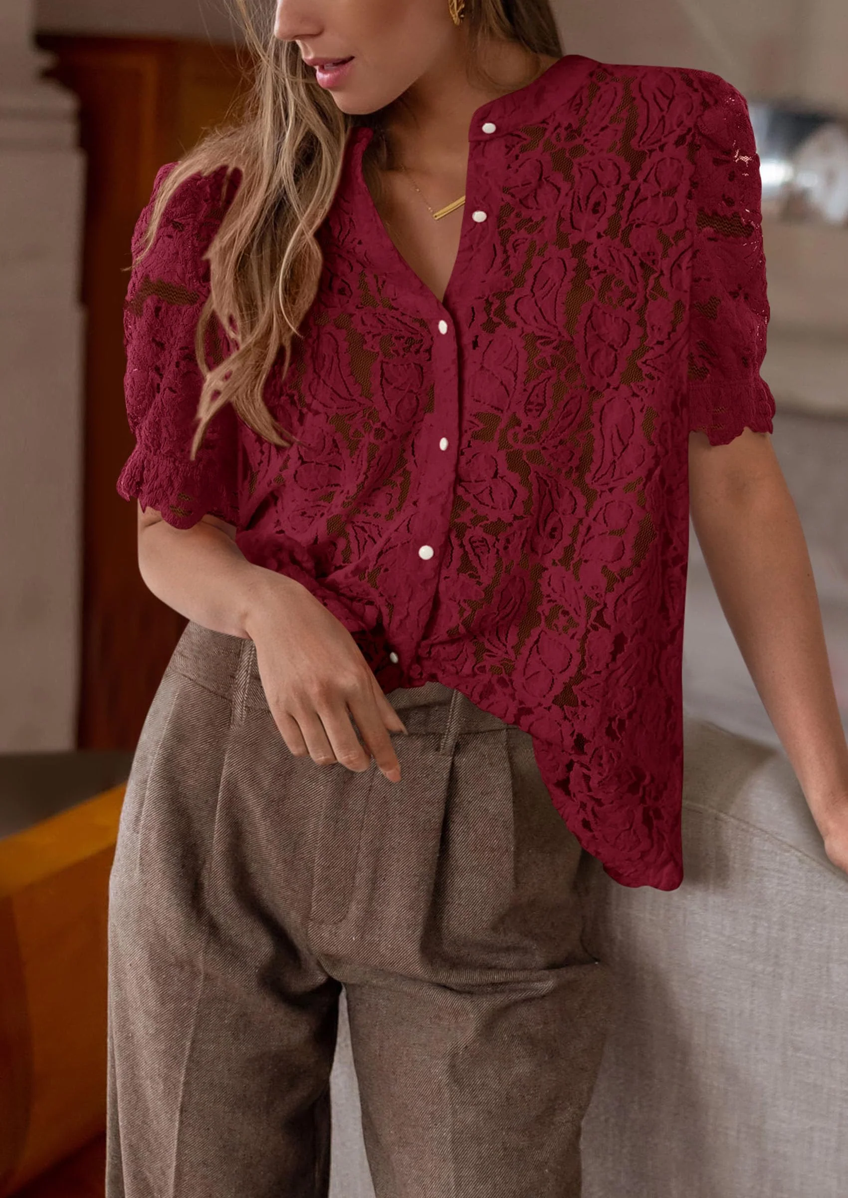 PRETTYGARDEN Womens Spring Lace Tops Short Puff Sleeve Casual Dressy Blouses Eyelet Crew Neck Button Down Shirts - Image 39