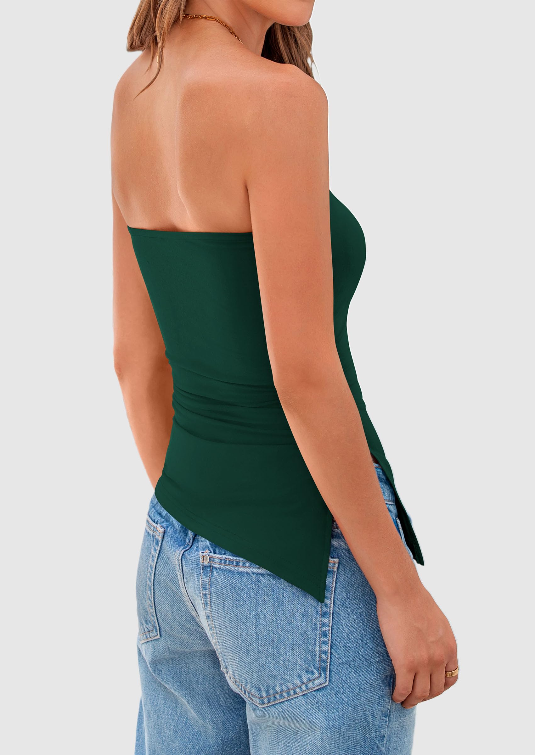 PRETTYGARDEN Womens Summer Tube Tops Trendy Strapless Ruched Going Out Tops Outfits Asymmetrical Bandeau Shirts - Image 54